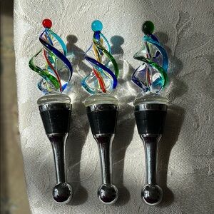3 Zinc Alloy Colorful Glass Swirl Tops Wine Stoppers Set